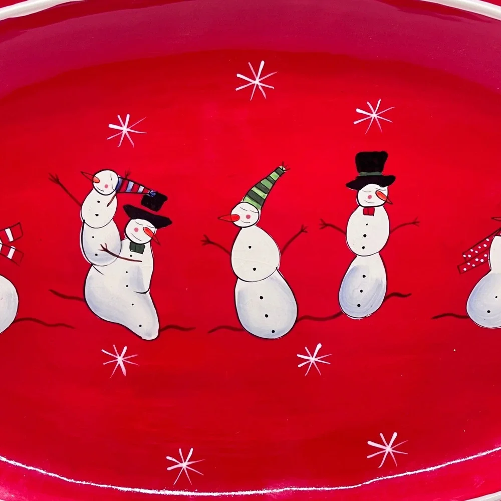 Foreside Red Snowman Ceramic Oval Serving Platter Holiday Christmas Dish 18 in
